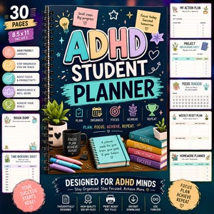 May include: A spiral-bound ADHD Student Planner with a dark blue cover featuring colourful text and icons. The cover displays the title, a potted plant, a black mug, pens, and a stack of books. Includes 30 pages measuring 21.59 by 27.94 cm.