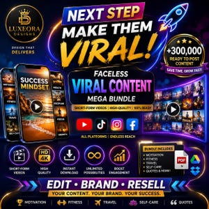 Op de afbeelding: Een digitale marketingafbeelding met de tekst "Next Step Make Them Viral!" en "Faceless Viral Content Mega Bundle". De afbeelding bevat mockups van smartphones, social media-iconen en een raket-afbeelding. De bundel bevat korte video's.