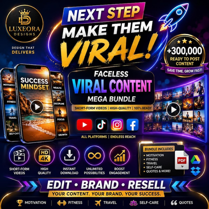 Op de afbeelding: Een digitale marketingafbeelding met de tekst "Next Step Make Them Viral!" en "Faceless Viral Content Mega Bundle". De afbeelding bevat mockups van smartphones, social media-iconen en een raket-afbeelding. De bundel bevat korte video's.
