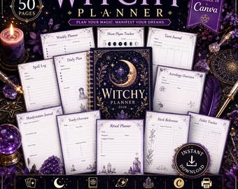 魔女風プランナー（印刷可能なPDF版、タロットジャーナルページ、呪文ログ、占星術トラッカー付き）