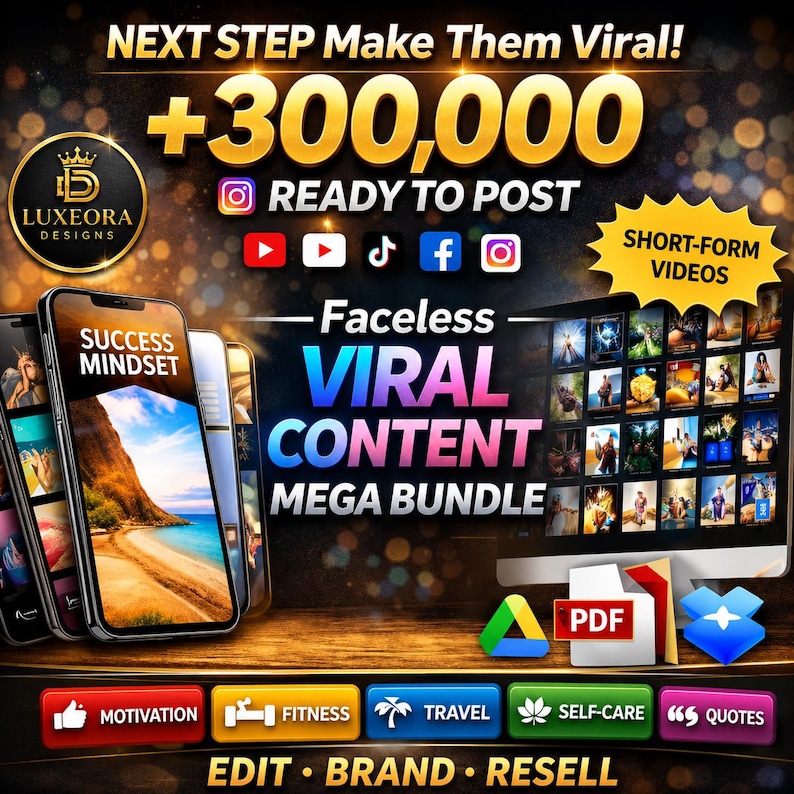 Op de afbeelding: Digitale marketingafbeelding met de tekst "Faceless Viral Content Mega Bundle". De afbeelding toont een smartphone met "Success Mindset", een computerscherm met videominiaturen en social media-pictogrammen. Het Luxeora Designs-logo is ook zichtbaar.