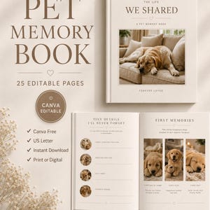 Canva-sjabloon voor een herinneringsboek voor huisdieren | Herdenkingsalbum voor honden | Rouwdagboek bij verlies van een huisdier | 25 bewerkbare pagina's | US Letter-formaat | Direct te downloaden