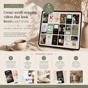 May include: A digital tablet displays 30 Instagram video templates for book lovers. The text reads "Create scroll-stopping videos that book lovers can't resist." A cup of coffee and a vase with dried flowers are also visible.