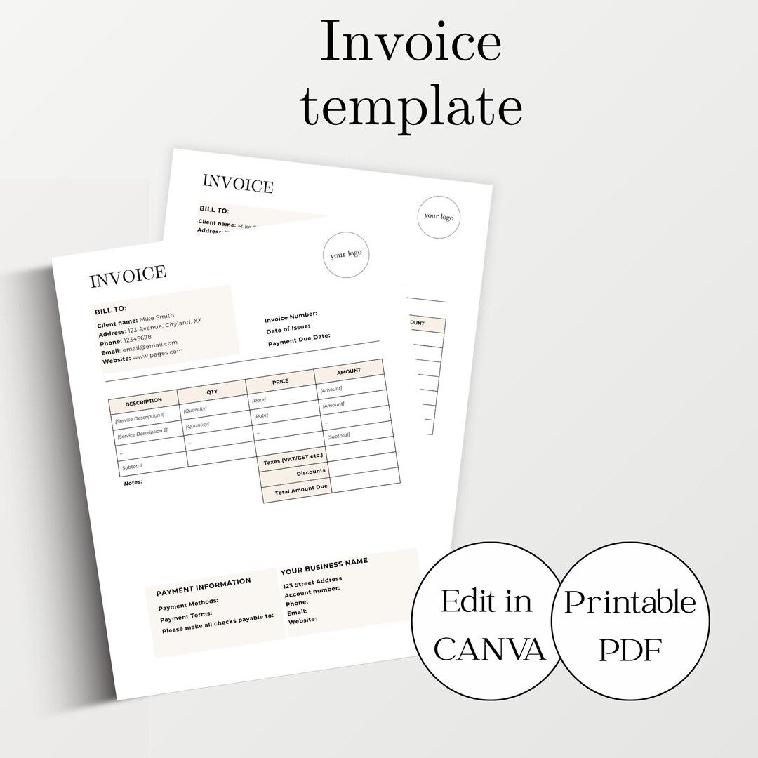 Invoice Template, Editable Canva Form for Small Business (US Letter ...