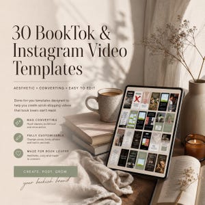 May include: A tablet displays 30 BookTok and Instagram video templates. The image includes a coffee mug, books, a candle, and decorative elements. Text on the tablet reads "Aesthetic, Converting, Easy to Edit."