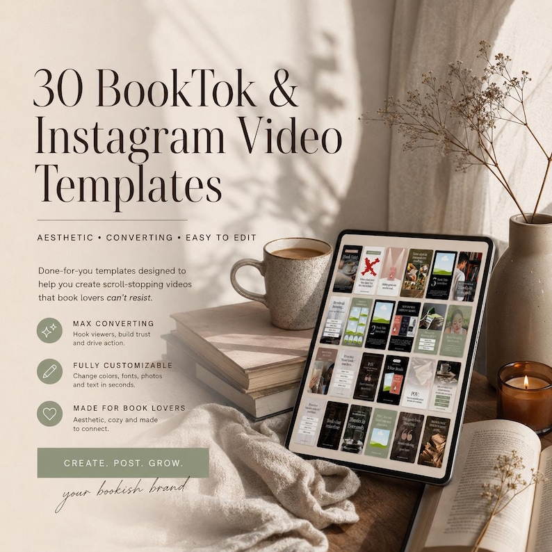 May include: A tablet displays 30 BookTok and Instagram video templates. The image includes a coffee mug, books, a candle, and decorative elements. Text on the tablet reads "Aesthetic, Converting, Easy to Edit."