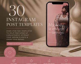 30 Body Image Instagram Templates, Canva Social Media Posts, Body Positivity Coach, Therapist Template, Editable Body Neutrality Content