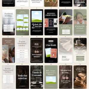 May include: A collection of Instagram story templates with book-related themes. The templates feature various designs, including book recommendations, reading lists, and quotes. The color palette is primarily neutral with pops of color.