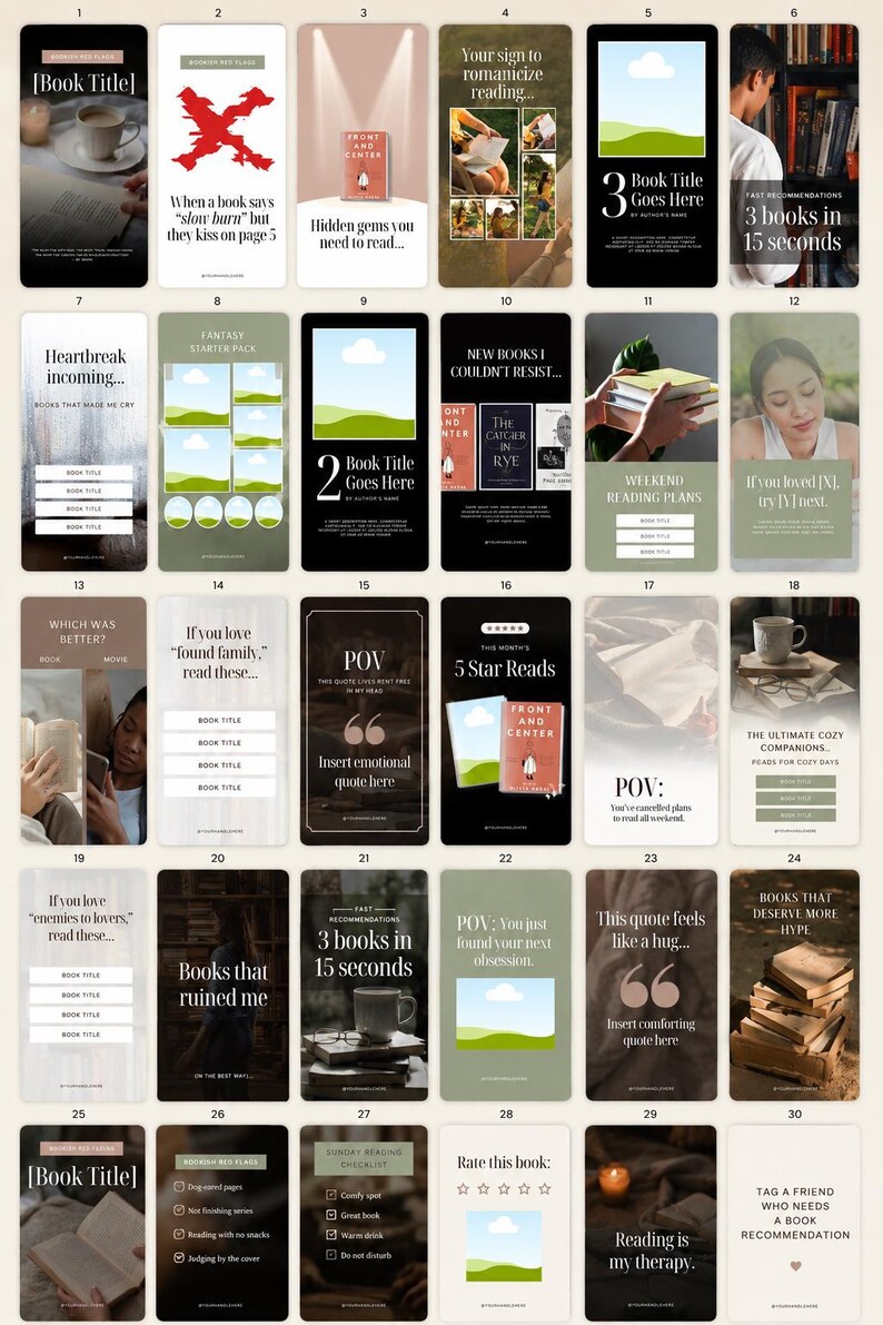 May include: A collection of Instagram story templates with book-related themes. The templates feature various designs, including book recommendations, reading lists, and quotes. The color palette is primarily neutral with pops of color.