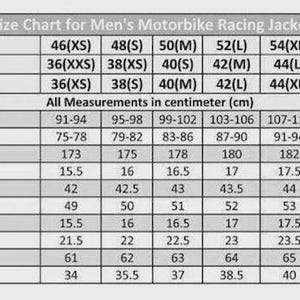 K&ouml;nnte beinhalten: Eine Gr&ouml;&szlig;entabelle f&uuml;r eine Motorrad-Rennjacke mit Ma&szlig;en in Zentimetern. Die Tabelle enth&auml;lt Gr&ouml;&szlig;en von 46(XS) bis 60(4XL) f&uuml;r Europa, USA/Kanada und International/UK. Ma&szlig;e umfassen Brust, Taille und &Auml;rmell&auml;nge.