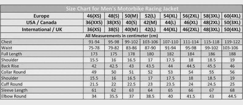 K&ouml;nnte beinhalten: Eine Gr&ouml;&szlig;entabelle f&uuml;r eine Motorrad-Rennjacke mit Ma&szlig;en in Zentimetern. Die Tabelle enth&auml;lt Gr&ouml;&szlig;en von 46(XS) bis 60(4XL) f&uuml;r Europa, USA/Kanada und International/UK. Ma&szlig;e umfassen Brust, Taille und &Auml;rmell&auml;nge.