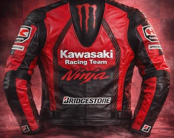 Kawasaki Ninja Racing Lederjacke - Rot-Schwarze Motorradjacke mit Monster Energy & Bridgestone Branding