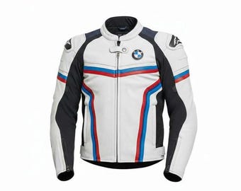 BMW Motorrad Leder Bikerjacke | Weiß Schwarz Racing Style Motorrad-Rüstung