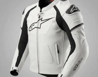 Schwarz-weiße Leder-Bikerjacke für Herren - Motorradrennen Slim Fit Moto Coat