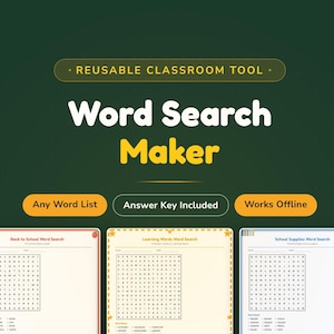 May include: A digital word search maker tool featuring three distinct templates: an apple-themed easy version, a stars-themed hard version, and a books-themed medium version. Each template includes a grid of letters, a word list, and an answer key.