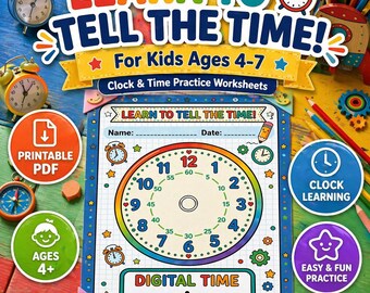 Learn to Tell Time Worksheet Printable for Kids | Clock Practice Sheet ...