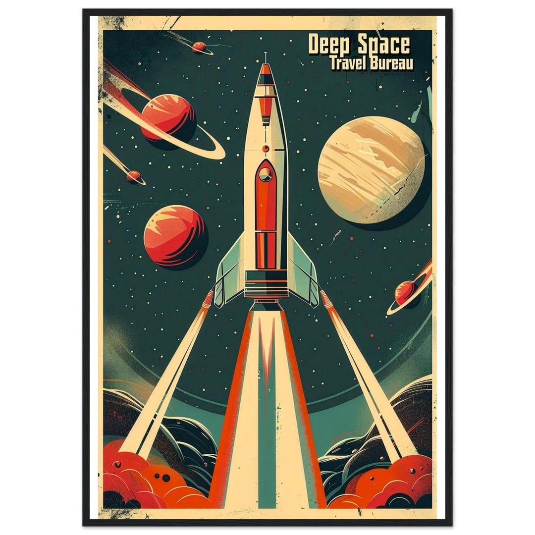 Retro Space Travel Poster | Deep Space Bureau Rocket Launch Art (framed ...