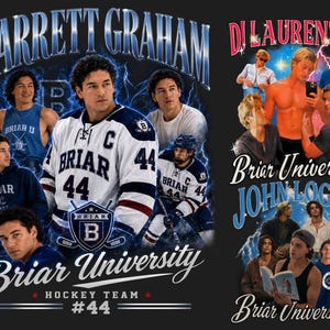 Op de afbeelding: Twee zwarte t-shirts met afbeeldingen. Eén toont "Garrett Graham" en "Briar University Hockey Team #44" met hockeyspelers. De andere zegt "Di Laurentis, John Logan, Briar University" met afbeeldingen van jonge mannen.
