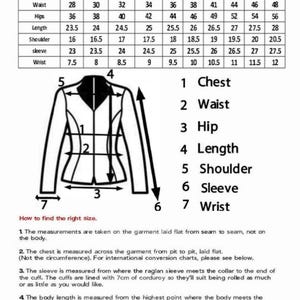 May include: A Ladies Size Chart with measurements in inches for chest, waist, hips, length, shoulder, sleeve, and wrist. A diagram illustrates how to measure a jacket. Text explains how to find the right size.