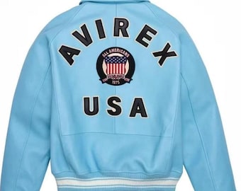 Avirex USA Sky Blue Bomber Leather Jacket, Cowsoft Leather Outerwear, American Flight Icon