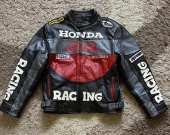 Chaqueta de cuero Honda CBR Vintage Racing, chaqueta de moto con parche HRC, estilo retro para moteros.