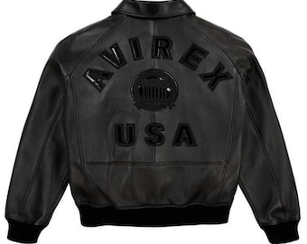 Chaqueta bomber de cuero negro Avirex USA, auténtica piel de vaca, estilo militar, icono de la aviación estadounidense.