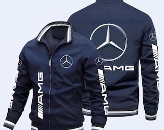 Chaqueta Mercedes Benz AMG azul con cremallera, estilo de carreras de lujo, abrigo clásico de estilo urbano.