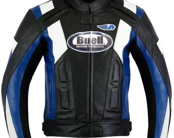 Chaqueta de moto Buell Racing de piel de vacuno auténtica en negro y azul, con protección homologada CE.