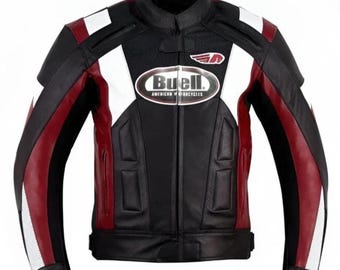 Chaqueta de moto Buell Racing de piel de vacuno auténtica, negra y roja, con protección homologada CE.