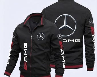 Chaqueta negra con cremallera Mercedes Benz AMG, estilo de carreras de lujo, abrigo clásico de estilo urbano.