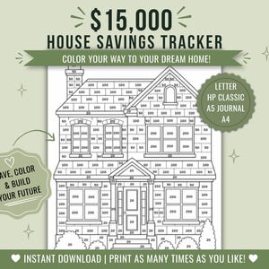 Pode incluir: Um rastreador de poupança para casa imprimível com um desenho de linha de uma casa de dois andares com seções numeradas para colorir. O texto inclui $15,000 HOUSE SAVINGS TRACKER, COLOR YOUR WAY TO YOUR DREAM HOME!, SAVE, COLOR & BUILD YOUR FUTURE.