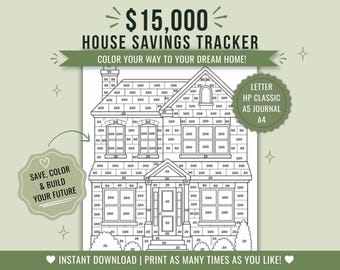 May include: A house savings tracker printable featuring a line drawing of a two-story house with numbered sections for coloring. Text includes $15,000 HOUSE SAVINGS TRACKER, COLOR YOUR WAY TO YOUR DREAM HOME!, SAVE, COLOR & BUILD YOUR FUTURE, and sizes.