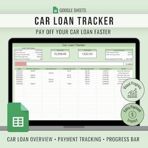 May include: A Google Sheets Car Loan Tracker displayed on a laptop screen, featuring a loan summary, payment schedule, and progress bar. Two circular badges highlight visual progress and extra payment impact for managing car loan finances.