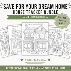 Könnte beinhalten: Ein digitales Set aus fünf Spar-Tracker-Blättern im Haus-Design mit schwarz-weißen Strichzeichnungen. Jede Seite zeigt eine Hausillustration, die in Segmente mit Geldbeträgen unterteilt ist, inklusive Angaben zu US Letter, A4 und A5 Formaten.