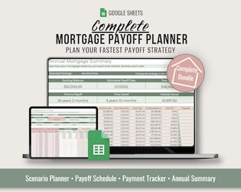 Planificador de pago de hipotecas, Hojas de cálculo de Google, Calculadora de pagos adicionales, Calendario de amortización y Paquete de seguimiento de pagos
