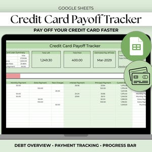 Könnte beinhalten: Ein Laptop-Bildschirm zeigt eine "Credit Card Payoff Tracker"-Tabelle. Die Tabelle zeigt einen Schuldenüberblick, Zahlungsverfolgung und eine Fortschrittsanzeige. Der Text "PAY OFF YOUR CREDIT CARD FASTER" steht darüber. Zwei grüne runde Symbole mit einem Dokument und einer Kreditkarte befinden sich rechts.