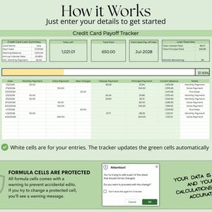 May include: A digital credit card payoff tracker in green and white. The spreadsheet shows loan summaries, payment schedules, and interest calculations. Text includes "How it Works" and "Your data is safe and your calculations stay accurate!"