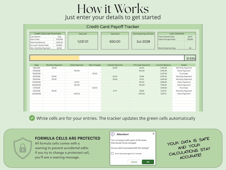 May include: A digital credit card payoff tracker in green and white. The spreadsheet shows loan summaries, payment schedules, and interest calculations. Text includes "How it Works" and "Your data is safe and your calculations stay accurate!"