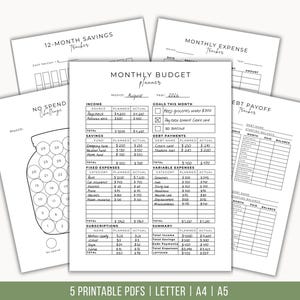 May include: A set of five printable budget planner pages in black and white. The central sheet is a Monthly Budget planner with columns for income, savings, expenses, and debt. Other sheets include a 12-month savings tracker, a monthly expense tracker, a no-spend challenge jar, and a debt payoff tracker.
