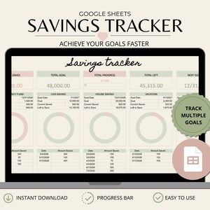 Könnte beinhalten: Ein Laptop-Bildschirm zeigt eine Google Sheets-Spar-Tracker-Vorlage. Das Design hat einen hellbeigen Hintergrund mit rosa und grünen Akzenten. Der Text enthält "Savings Tracker" und "Achieve Your Goals Faster."