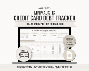Credit Card Debt Payoff Tracker Spreadsheet | Minimalistic Google Sheets Budget Planner | Payoff Calculator