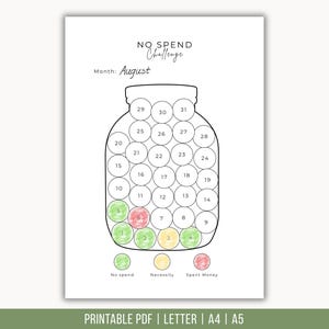 Puede incluir: Un rastreador imprimible de desafío de no gastar para el mes de agosto con el contorno de un frasco grande lleno de treinta y un círculos numerados. Debajo del frasco, una leyenda define categorías codificadas por colores: verde para No spend, amarillo para Necessity y rojo para Spent Money.