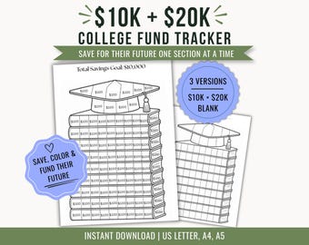 College Fund Tracker, 10000 Dollars 20000 Dollars Savings Challenge, Coloring Page (PDF Download)
