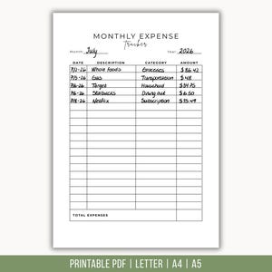 May include: A white monthly expense tracker sheet with black text and grid lines. The header reads Monthly Expense Tracker, with fields for Month: July and Year: 2026. Columns include Date, Description, Category, and Amount, with handwritten entries.