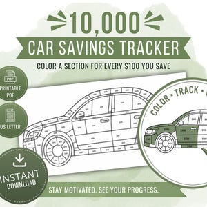 Puede incluir: Un rastreador de ahorros para coche de 10,000 en formato PDF imprimible US Letter. El diseño presenta el contorno de un coche dividido en secciones etiquetadas con $100 para colorear el progreso. Incluye texto: 10,000 CAR SAVINGS TRACKER, COLOR A SECTION FOR EVERY $100 YOU SAVE, COLOR TRACK CELEBRATE, INSTANT DOWNLOAD, STAY MOTIVATED. SEE YOUR PROGRESS.
