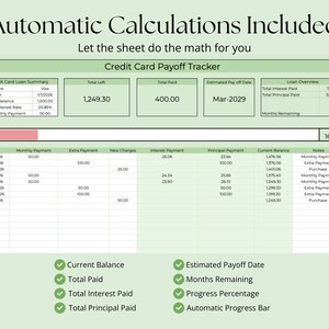 May include: A green and white credit card payoff tracker spreadsheet with the text "Automatic Calculations Included." The spreadsheet includes sections for loan summary, payments, and a loan overview. Key metrics like current balance and estimated payoff date are highlighted.