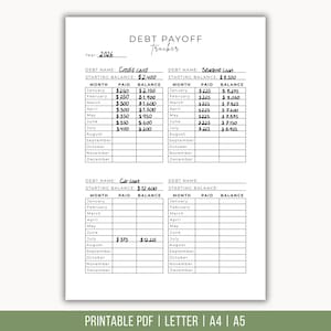 May include: A white debt payoff tracker document with black text and lines. The header reads DEBT PAYOFF Tracker and Year: 2026. It contains four tables for tracking debt names, starting balances, monthly payments, and remaining balances in dollars.