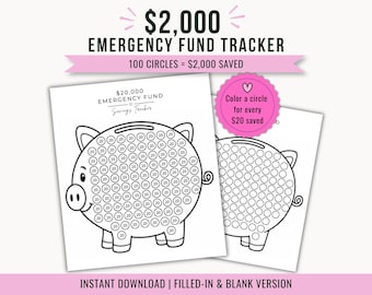 Emergency Fund Savings Tracker 2,000 Saving Challenge Printable Piggy Bank Coloring Chart Blank Custom Version