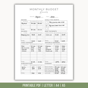 Peut inclure: Une feuille de planification budgétaire mensuelle blanche avec du texte et des lignes de grille noirs. Le document comprend des sections pour les revenus, l'épargne, les dépenses fixes et variables, les dettes, les abonnements et un résumé.