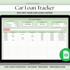 May include: A laptop screen showing a Google Sheets car loan tracker. The spreadsheet displays loan details, payment tracking, and a progress bar. Text on the screen includes "Car Loan Tracker" and "Pay Off Your Car Loan Faster."